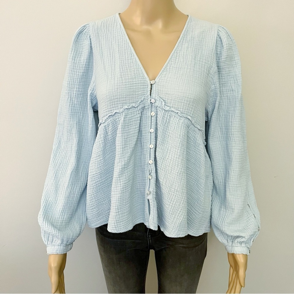 ZARA Blue Pastel Babydoll Cotton V Neck Button Front Long Sleeves  Blouse Top.